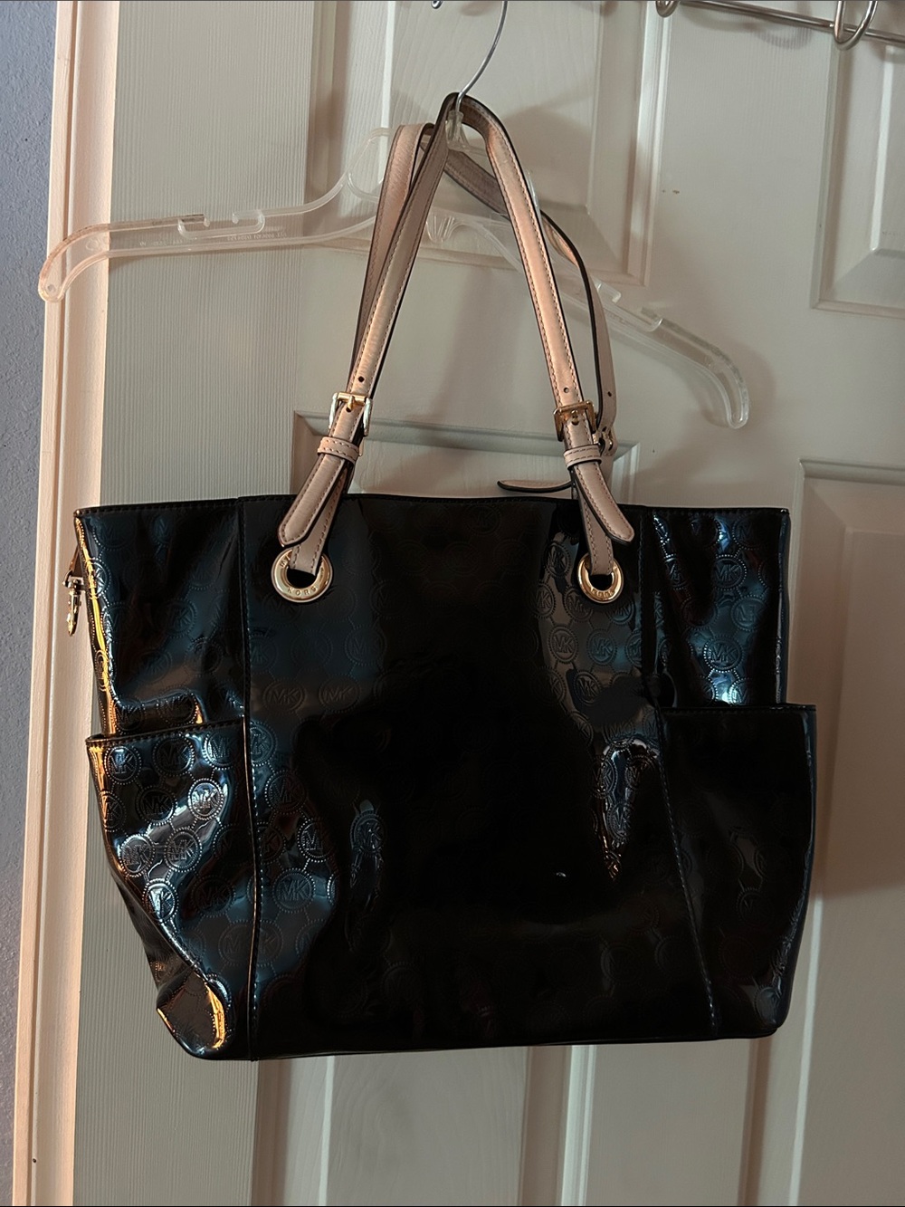 Michael Kors Black Patent Tote with Cream Shoulder Straps
